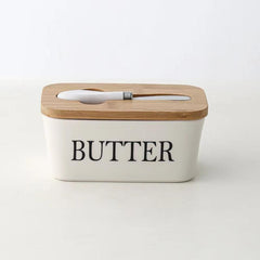 Ceramic Butter Dish With Bamboo Lid - Kitchen Sealed Jar
