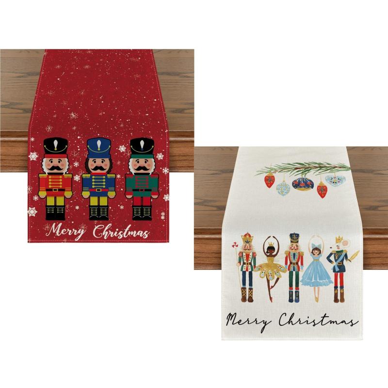 Watercolor Nutcrackers Xmas Balls Merry Christmas Table Runner