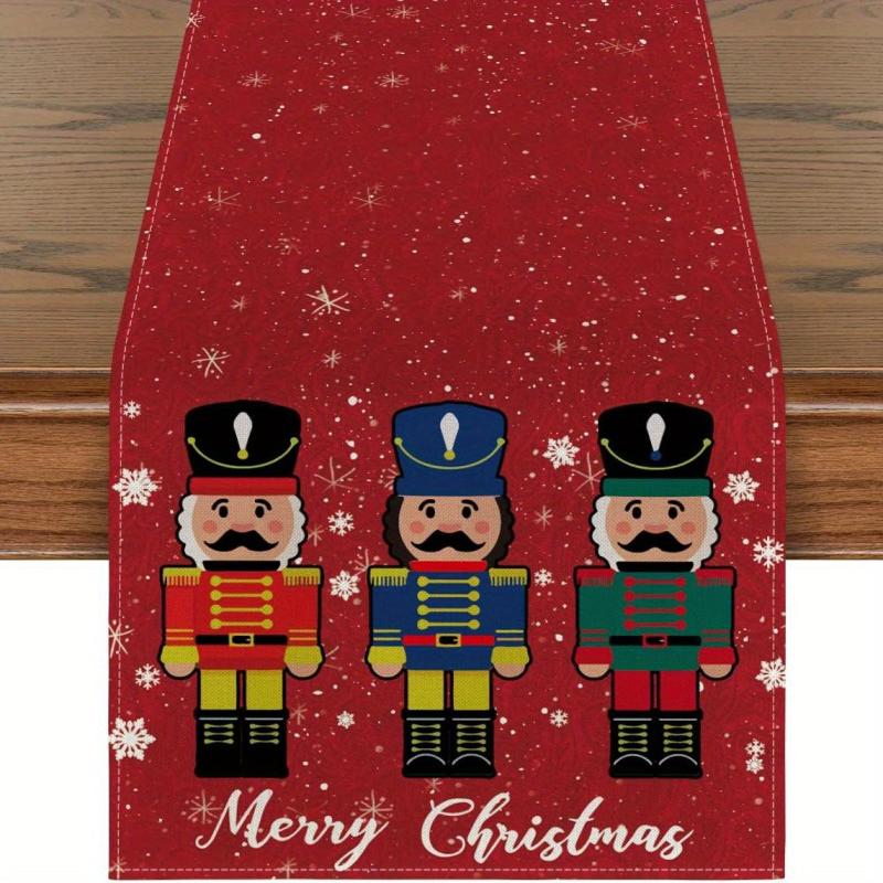 Watercolor Nutcrackers Xmas Balls Merry Christmas Table Runner