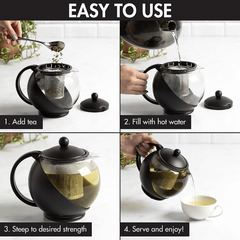 Glass Teapot Half Moon 1250ml Tea Maker Removable Filter Infuser Dishwasher Safe