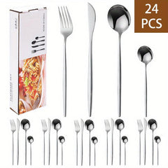 24pcs Stainless Steel Cutlery Set Thin Portuguese Steak Fork Spoon Plated