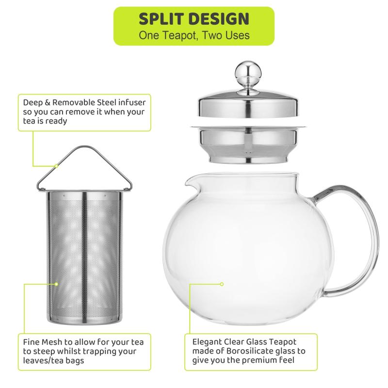Microwave Safe Glass Teapot With Removable Stainless Steel Infuser