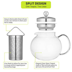 Microwave Safe Glass Teapot With Removable Stainless Steel Infuser