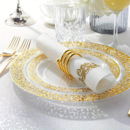 30PCS Clear Party Plates With Golden Rim 19.05cm Heavy Duty Fancy Plates