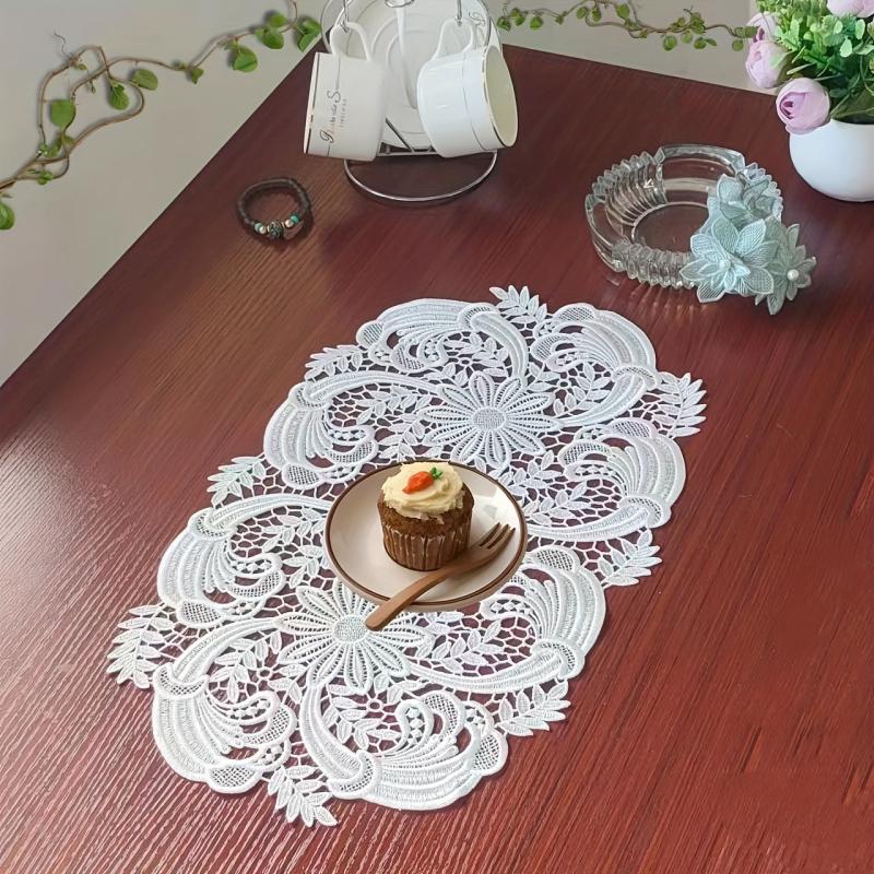 Lace Embroidered Oval Table Runner Fabric Coaster Ins Style Coffee Table Mat
