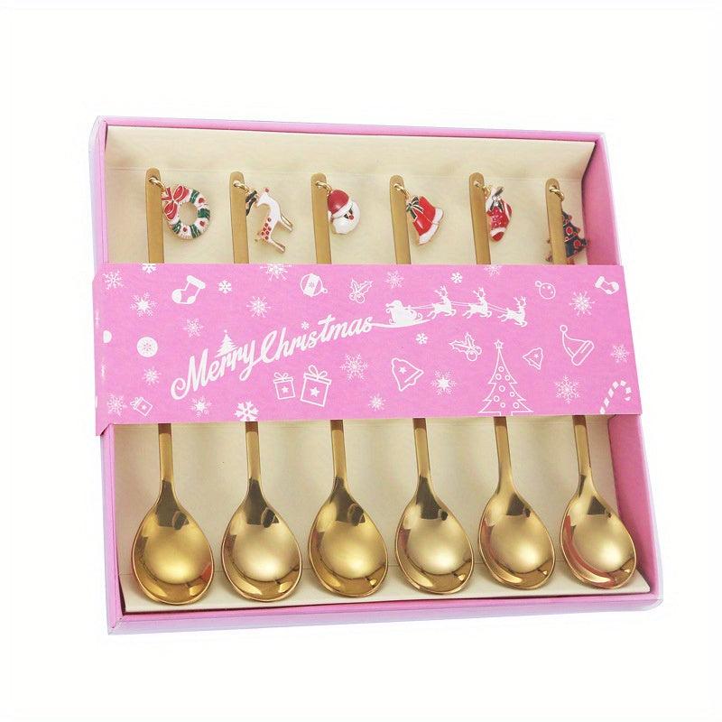 6PCS Christmas Spoon Set Coffee Dessert Cake Golden Silvery
