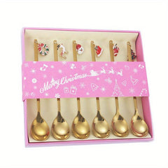 6PCS Christmas Spoon Set Coffee Dessert Cake Golden Silvery