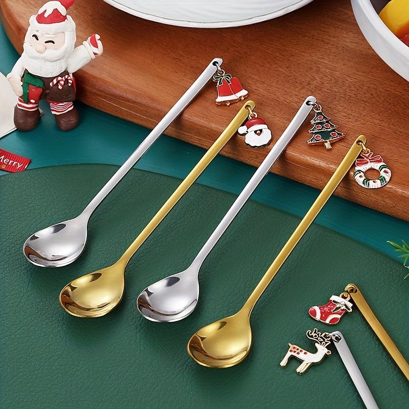 6PCS Christmas Spoon Set Coffee Dessert Cake Golden Silvery