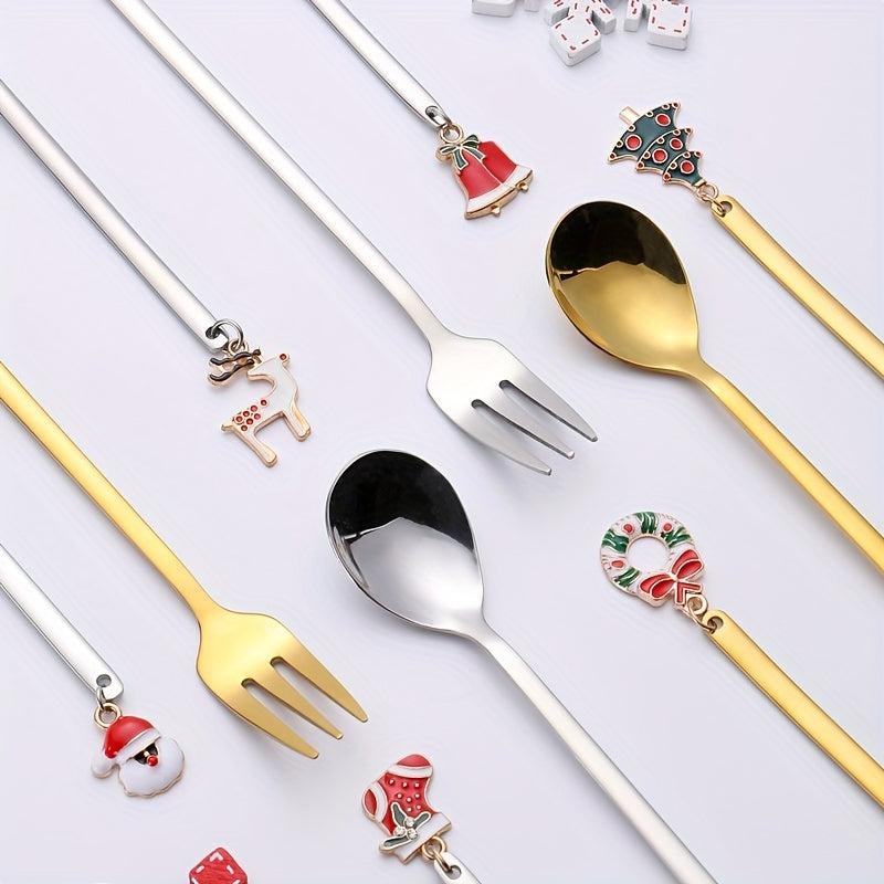 6PCS Christmas Spoon Set Coffee Dessert Cake Golden Silvery