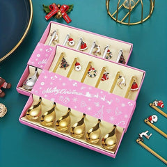 6PCS Christmas Spoon Set Coffee Dessert Cake Golden Silvery
