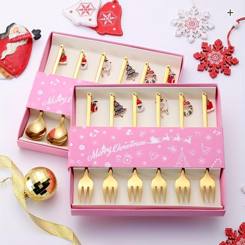 6PCS Christmas Spoon Set Coffee Dessert Cake Golden Silvery