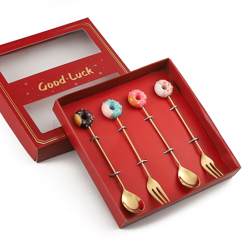 4pcs Stainless Steel Dessert Cutlery Set 2 Forks 2 Spoons Coffee Spoon