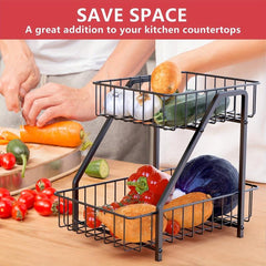 2 Tier Countertop Fruit Basket Bowl Metal Wire Storage Basket