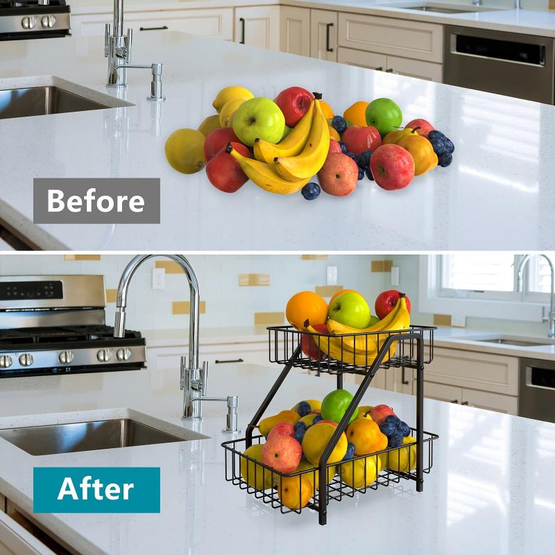 2 Tier Countertop Fruit Basket Bowl Metal Wire Storage Basket