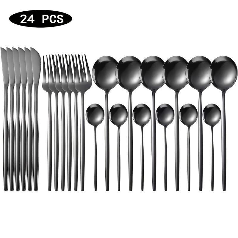 24-Pcs Stainless Steel Cutlery Set Mirror Flatware Spoon Colorful Silverware