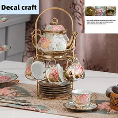 20pcs Ceramics Tea Set Afternoon Tea Set 6 Cups 6 Plates 1 Pot 6 Spoons Iron Rac