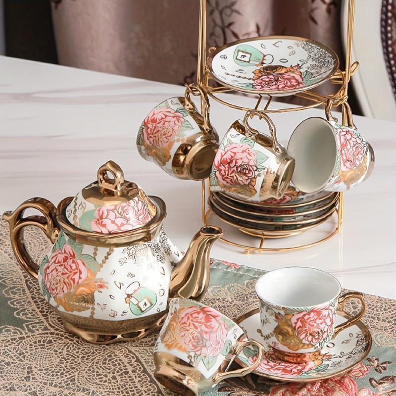 20pcs Ceramics Tea Set Afternoon Tea Set 6 Cups 6 Plates 1 Pot 6 Spoons Iron Rac