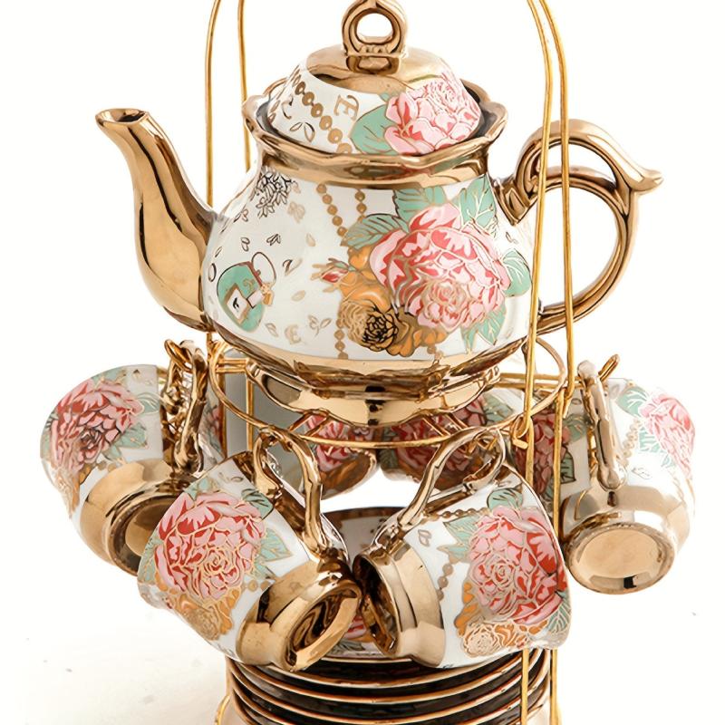 20pcs Ceramics Tea Set Afternoon Tea Set 6 Cups 6 Plates 1 Pot 6 Spoons Iron Rac