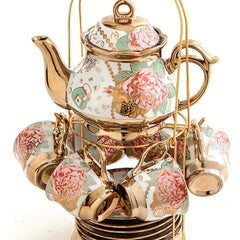 20pcs Ceramics Tea Set Afternoon Tea Set 6 Cups 6 Plates 1 Pot 6 Spoons Iron Rac