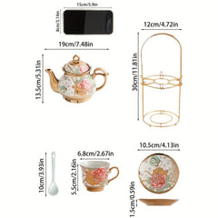 20pcs Ceramics Tea Set Afternoon Tea Set 6 Cups 6 Plates 1 Pot 6 Spoons Iron Rac
