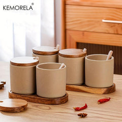 3pcs Set Seasoning Jar Ceramic Spice Pot Salt Jar With Spoon Pepper Container