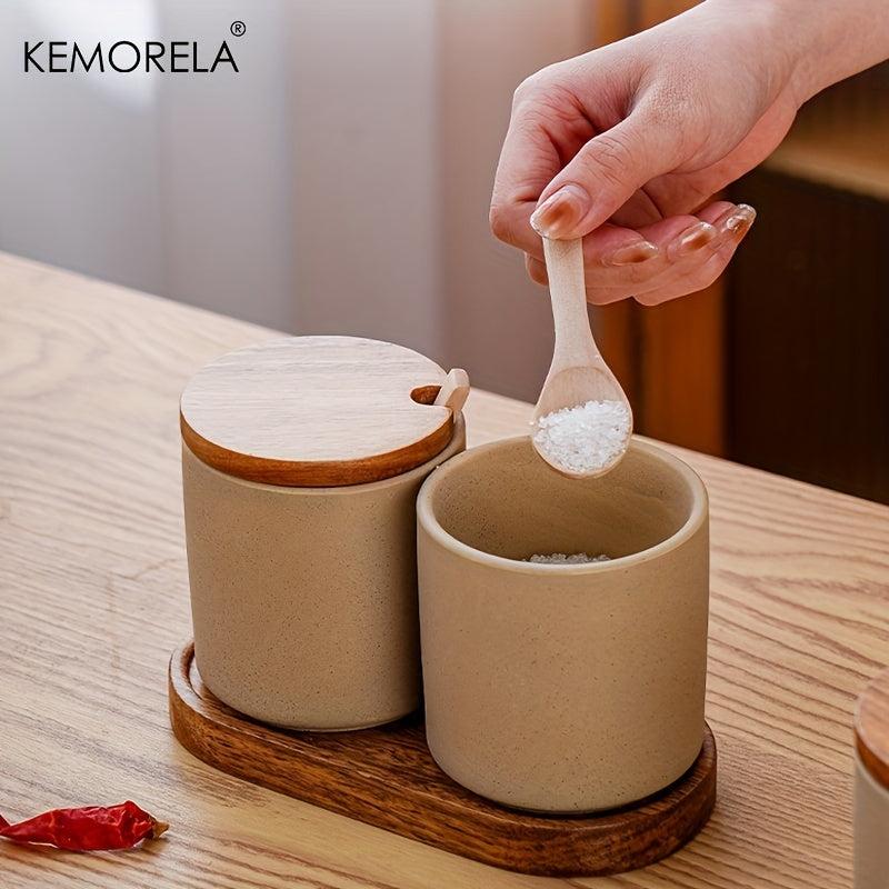 3pcs Set Seasoning Jar Ceramic Spice Pot Salt Jar With Spoon Pepper Container