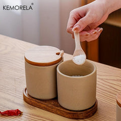 3pcs Set Seasoning Jar Ceramic Spice Pot Salt Jar With Spoon Pepper Container