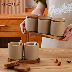 3pcs Set Seasoning Jar Ceramic Spice Pot Salt Jar With Spoon Pepper Container