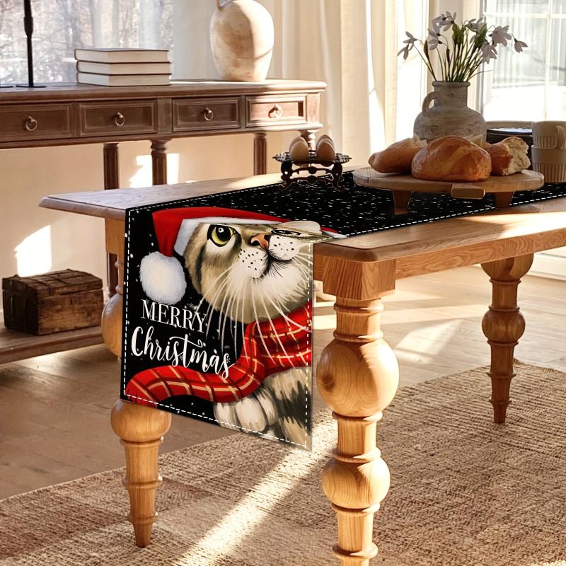 Linen Table Runner Christmas Cat Pattern Table Cover