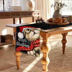 Linen Table Runner Christmas Cat Pattern Table Cover