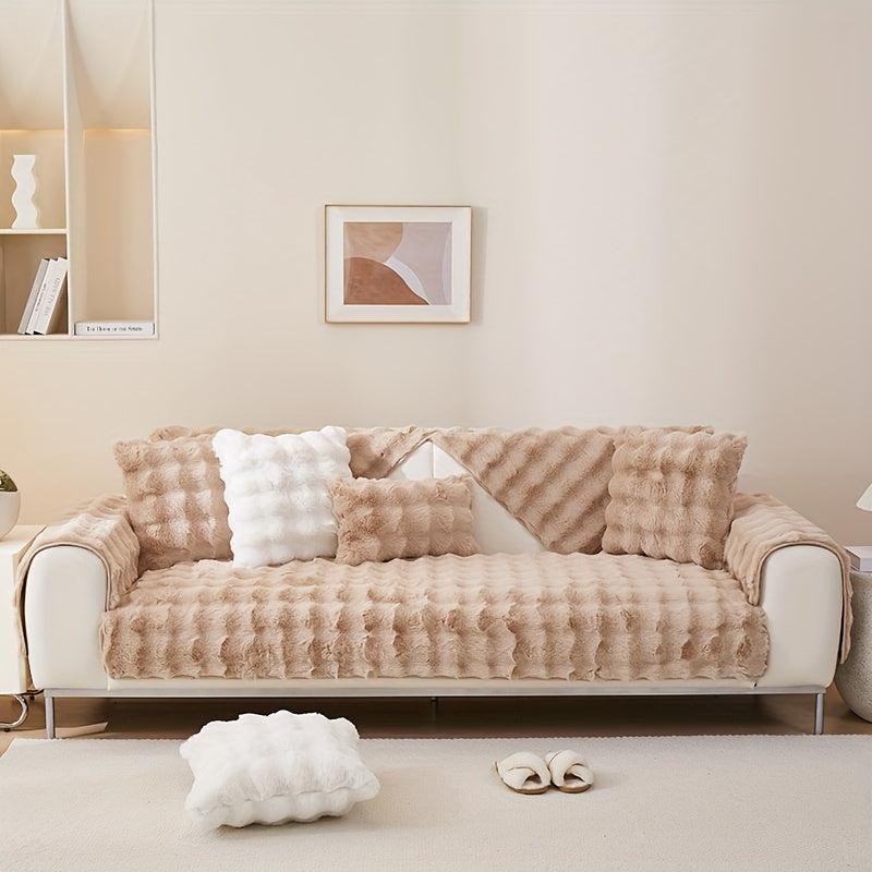 Solid Rabbit Plush Sofa Slipcover Warm Couch Cover