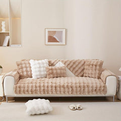Solid Rabbit Plush Sofa Slipcover Warm Couch Cover