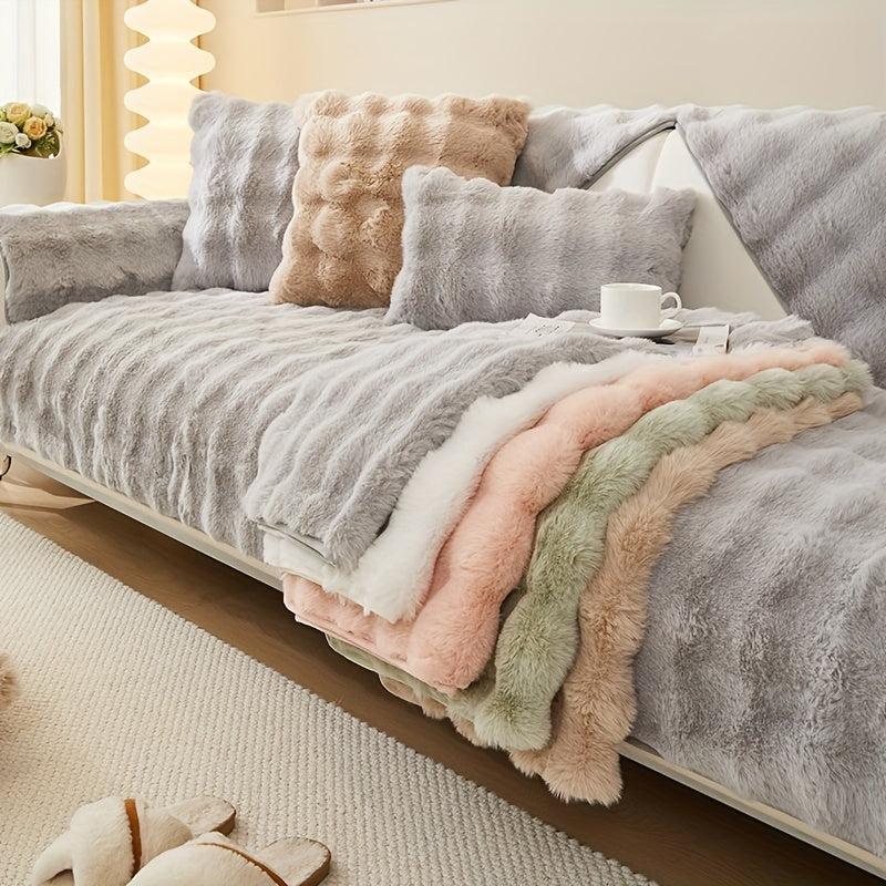 Solid Rabbit Plush Sofa Slipcover Warm Couch Cover