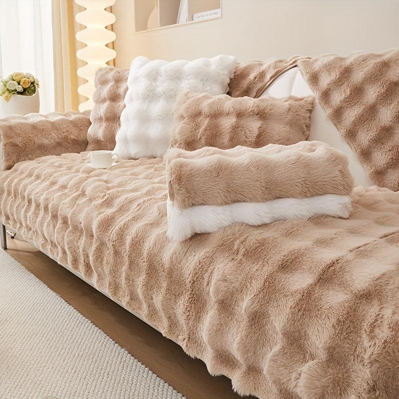 Solid Rabbit Plush Sofa Slipcover Warm Couch Cover