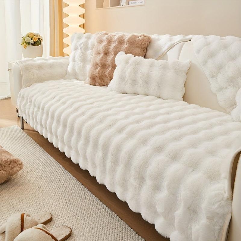 Solid Rabbit Plush Sofa Slipcover Warm Couch Cover