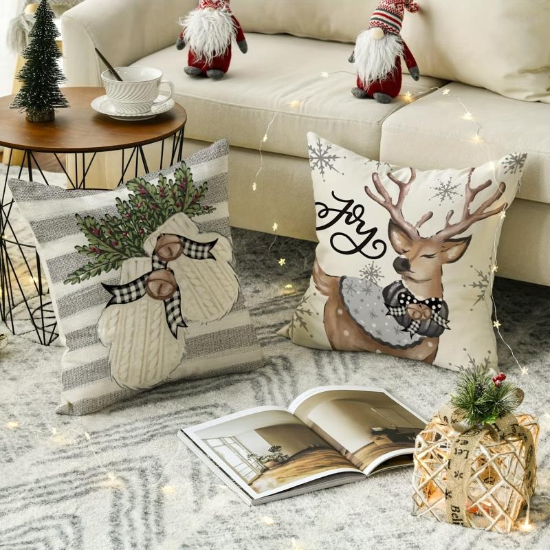 4pcs Christmas Pillow Case Reindeer Eucalyptus Square Cushion Cover