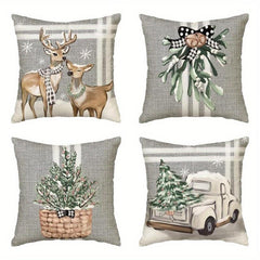 4pcs Christmas Pillow Case Reindeer Eucalyptus Square Cushion Cover