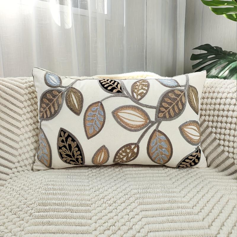 Leaf Embroidered Throw Pillow Case Canvas Cushion Cover Home Decor