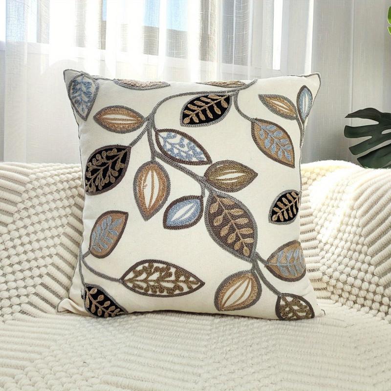 Leaf Embroidered Throw Pillow Case Canvas Cushion Cover Home Decor