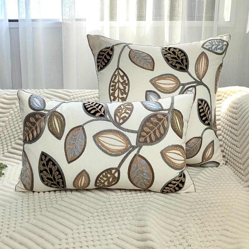 Leaf Embroidered Throw Pillow Case Canvas Cushion Cover Home Decor