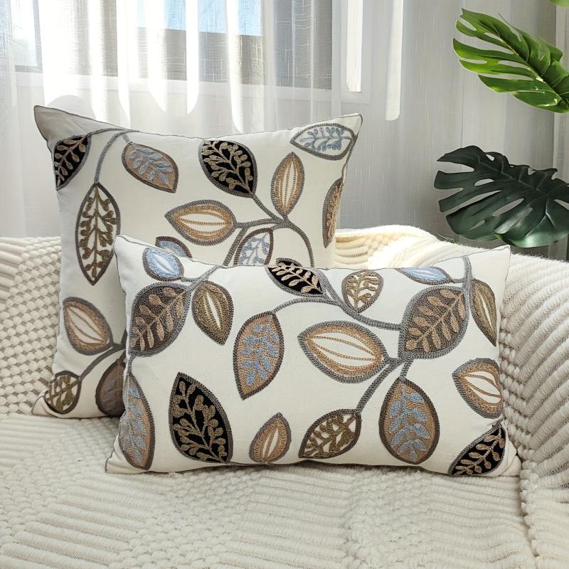 Leaf Embroidered Throw Pillow Case Canvas Cushion Cover Home Decor