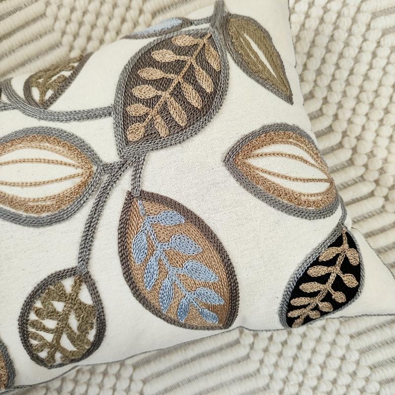 Leaf Embroidered Throw Pillow Case Canvas Cushion Cover Home Decor