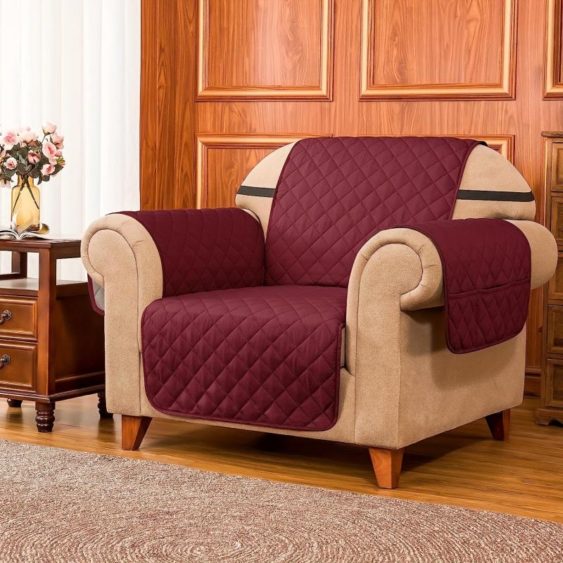 Quilted Armchair Slipcover Washable Furniture Protector Elastic Straps