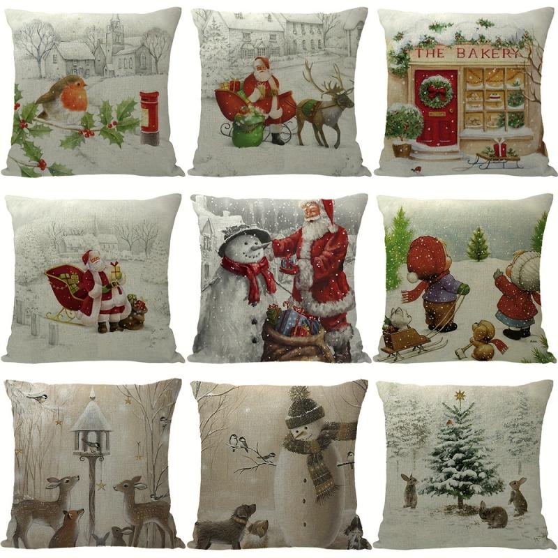 Christmas Tree Snowman Truck Linen Throw Pillow Covers