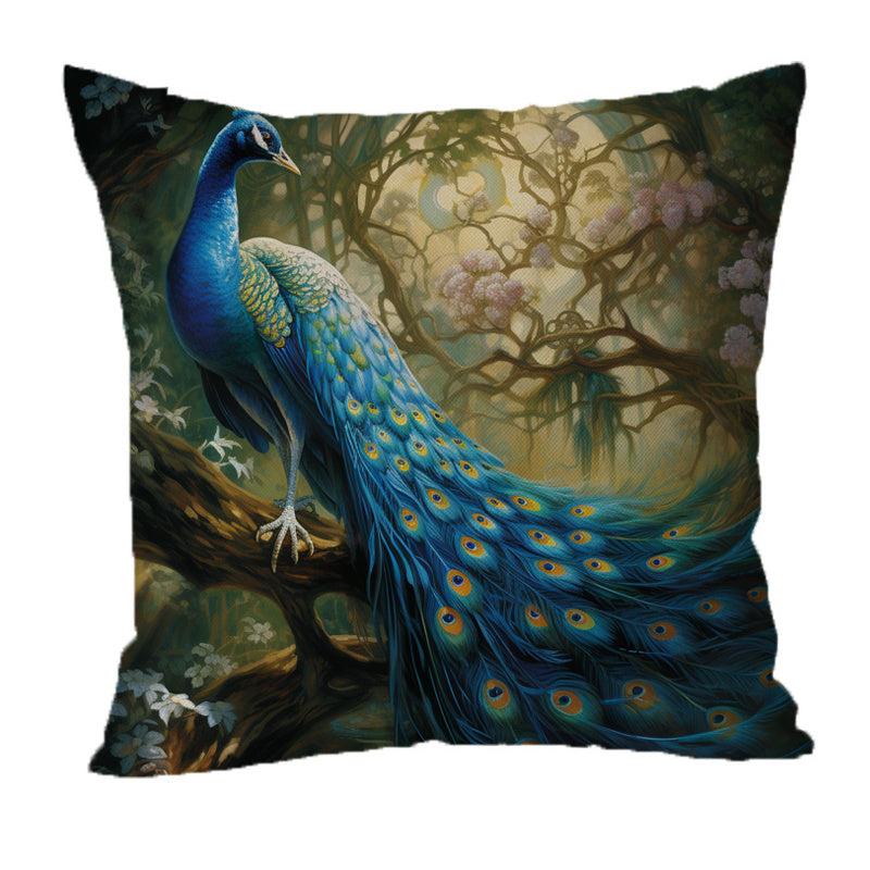 1pc Classic Peacock Linen Throw Pillow Covers Printed Throw Pillowcase