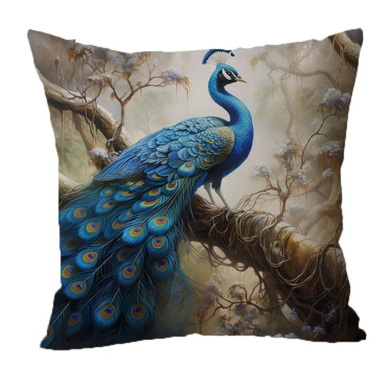 1pc Classic Peacock Linen Throw Pillow Covers Printed Throw Pillowcase