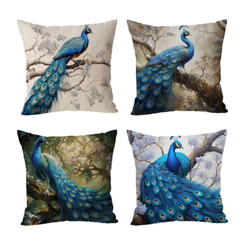1pc Classic Peacock Linen Throw Pillow Covers Printed Throw Pillowcase