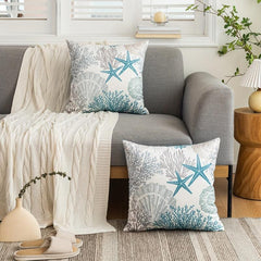 2pcs Nautical Coastal Throw Pillow Covers - Ocean Beach Seashell Coral Starfish