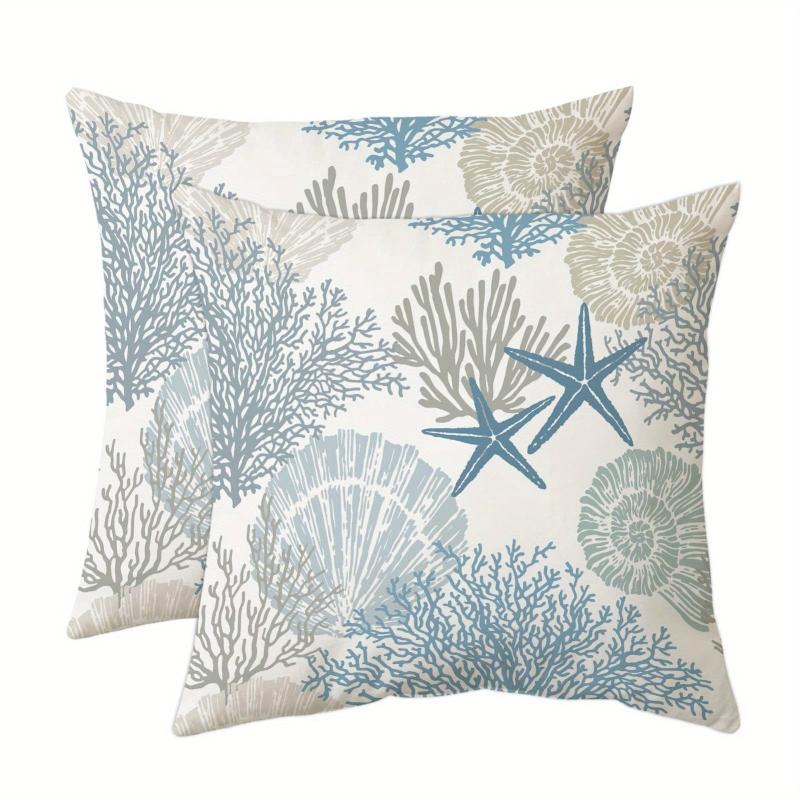 2pcs Nautical Coastal Throw Pillow Covers - Ocean Beach Seashell Coral Starfish