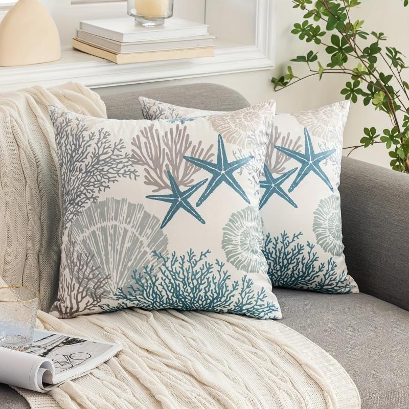 2pcs Nautical Coastal Throw Pillow Covers - Ocean Beach Seashell Coral Starfish